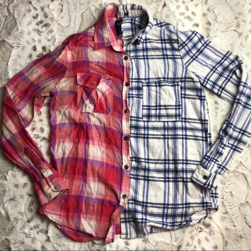 Reconstructed Plaid Flannel Duo Button Down Small